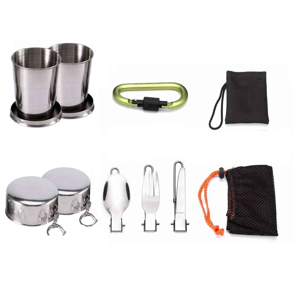 Pots Pans, Cooking Set With Foldable Spoon, Fork Knife, Kettle Cup
