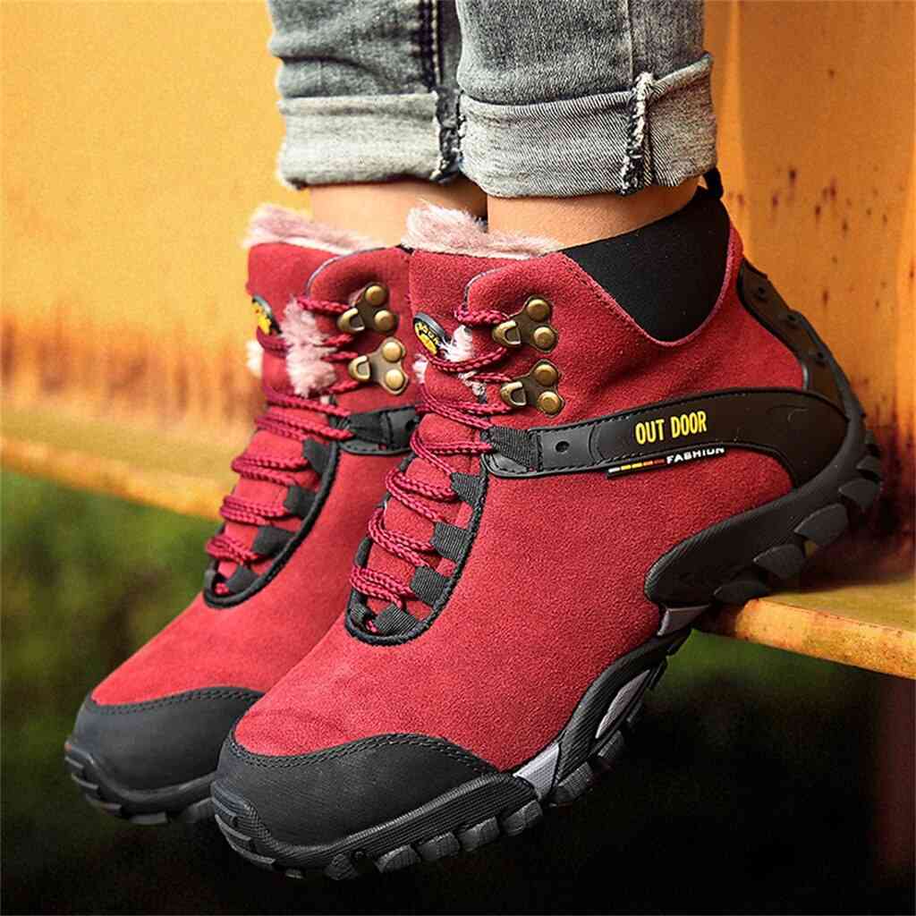 Women Outdoor Warm Fur, Leather Hiking Ankle Boots