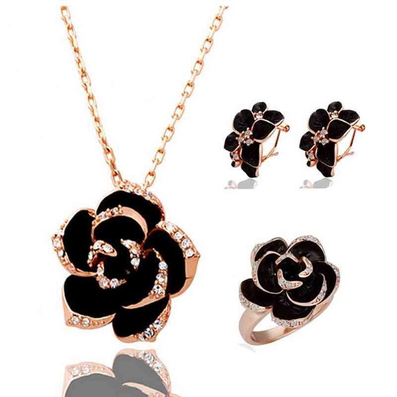 Kvinder guldfarvet sort maleri rose blomst halskæde øreringe ring smykker sæt
