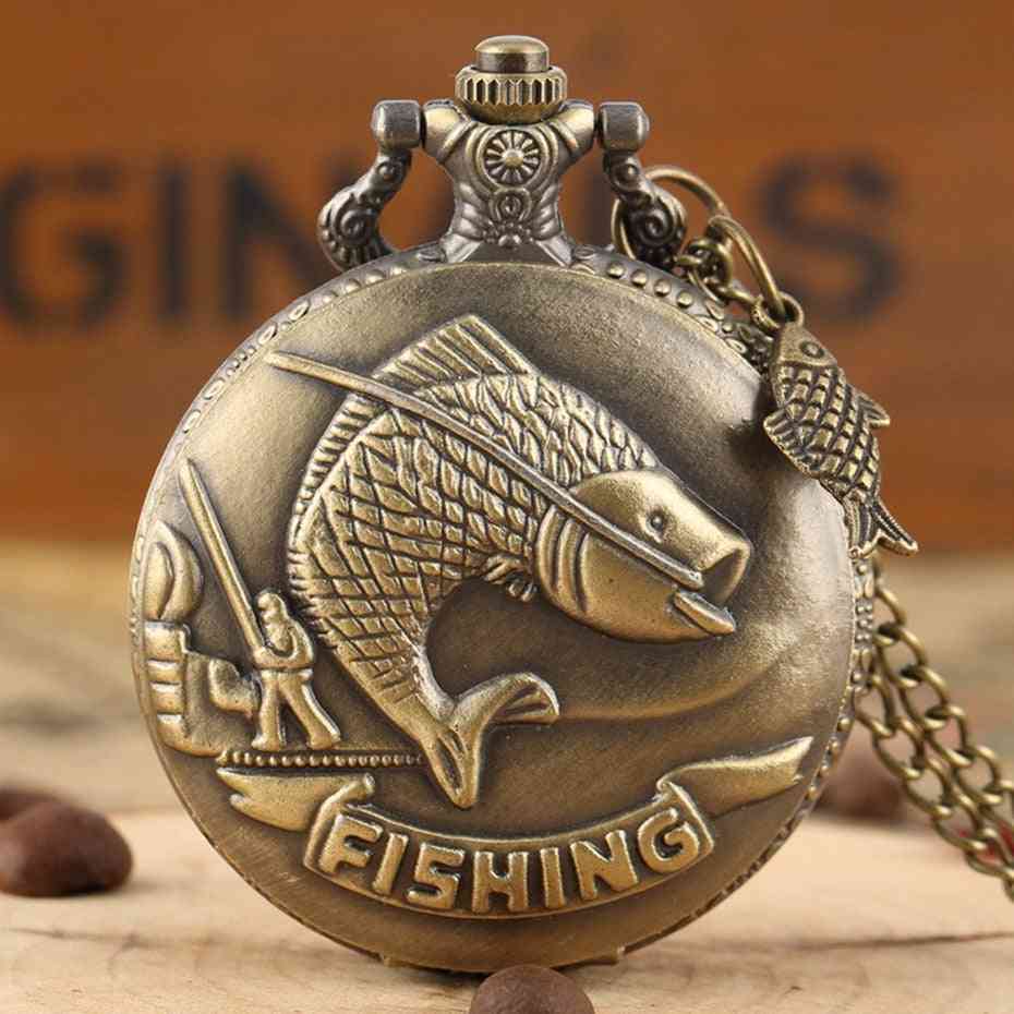 Vivid Fishing- Carving Design, Quartz Pocket Watch, Angling Clock, Fish Accessory