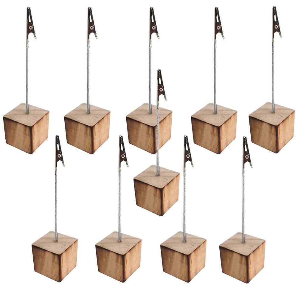 Tabletop Photo Holders With Clip Pine Wood, Cube Base, Memos And Table