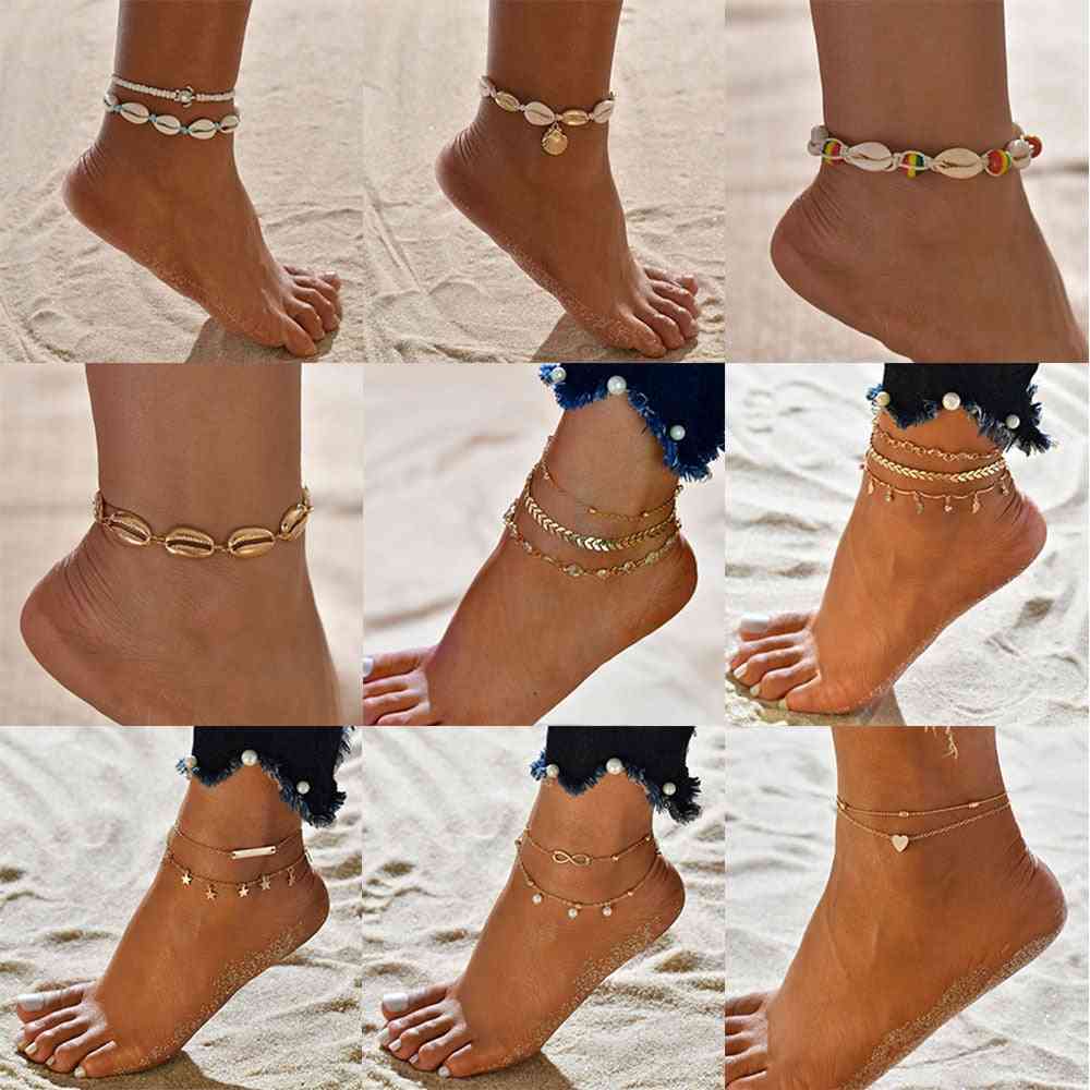 Female Shell Heart Summer Anklets, Tortoise Ankle Bracelets, Barefoot On Leg Chain Jewelry