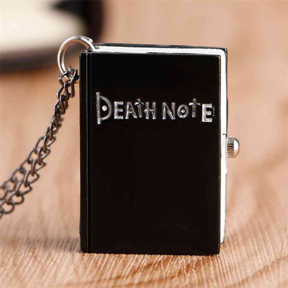 Exquise montre de poche avec collier à quartz à thème de note de mort en bronze/noir