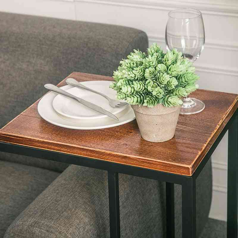 U Retro Square Iron Frame Solid Wood Top Sofa Side Coffee Table