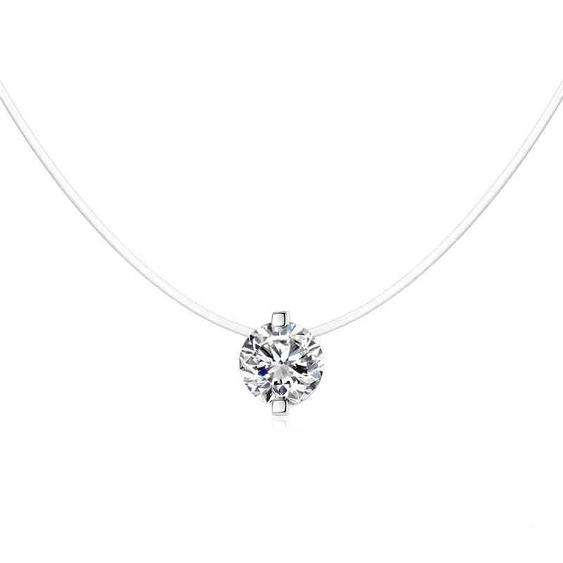 Transparent Fishing Line Necklace, Clear Zircon Pendant, Sparkling Choker, Women Jewelry