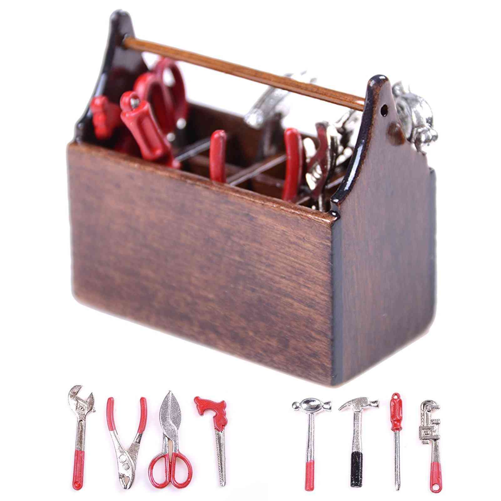 Dollhouse Miniature Wooden Tool-box, Metal Tools Set, Kids Educational