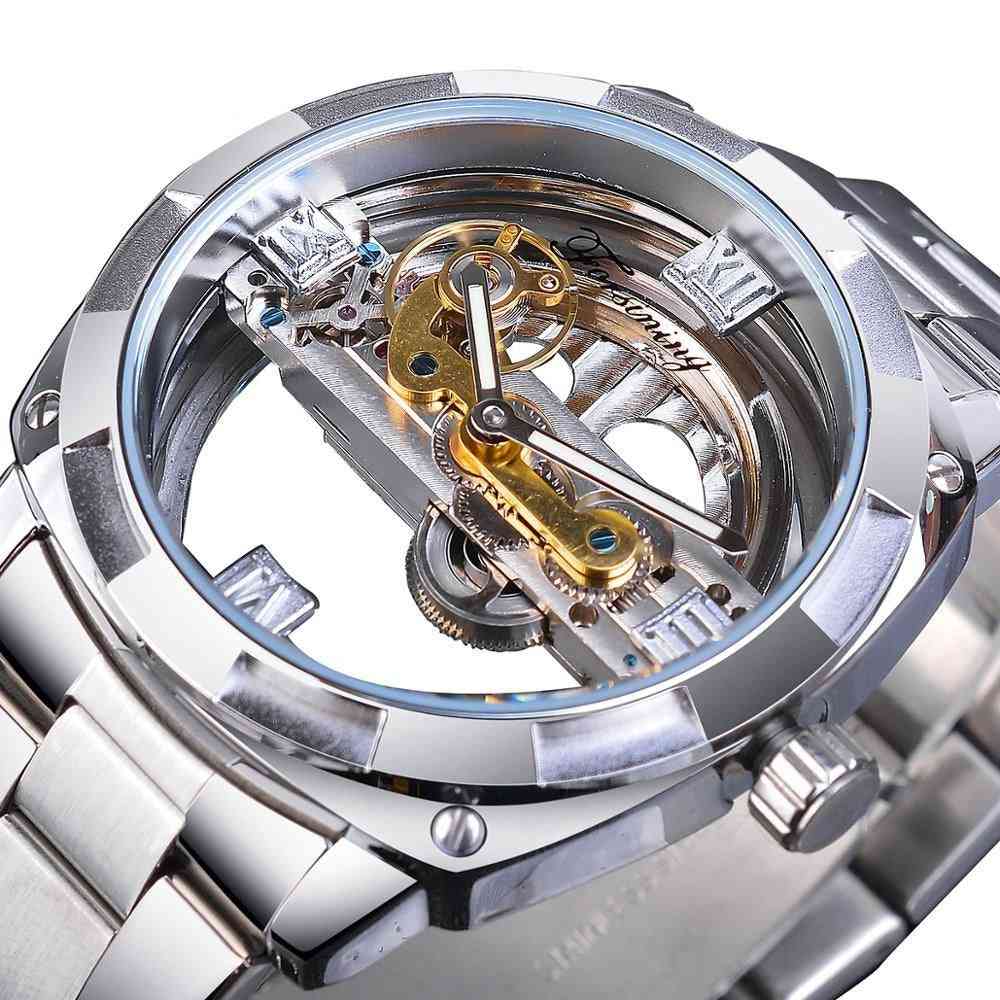 Automatic Silver Square Golden Gear Skeleton Stainless Steel Belts Watch