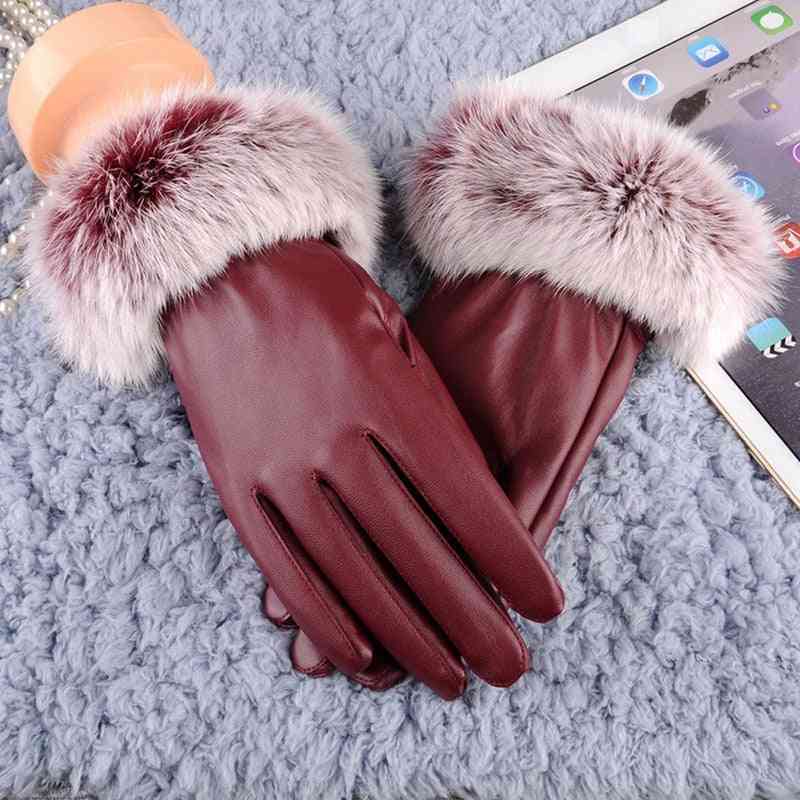 Pu Leather- Winter Warm Suede Velvet, Faux Rabbit Fur, Touch Screen Gloves