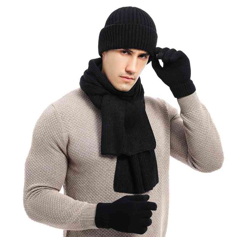 Vinter varm mænds uld beanie hat tørklæde handsker sæt