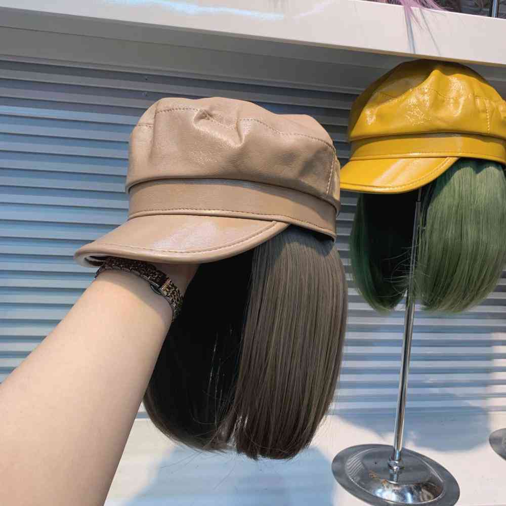 Fashion Pu Hat, Patchwork Cool False Hair Hat Cap