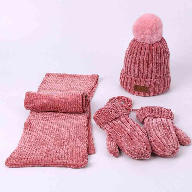 Winter Baby Hat Scarf Gloves Set, Pompon Knitted Hats