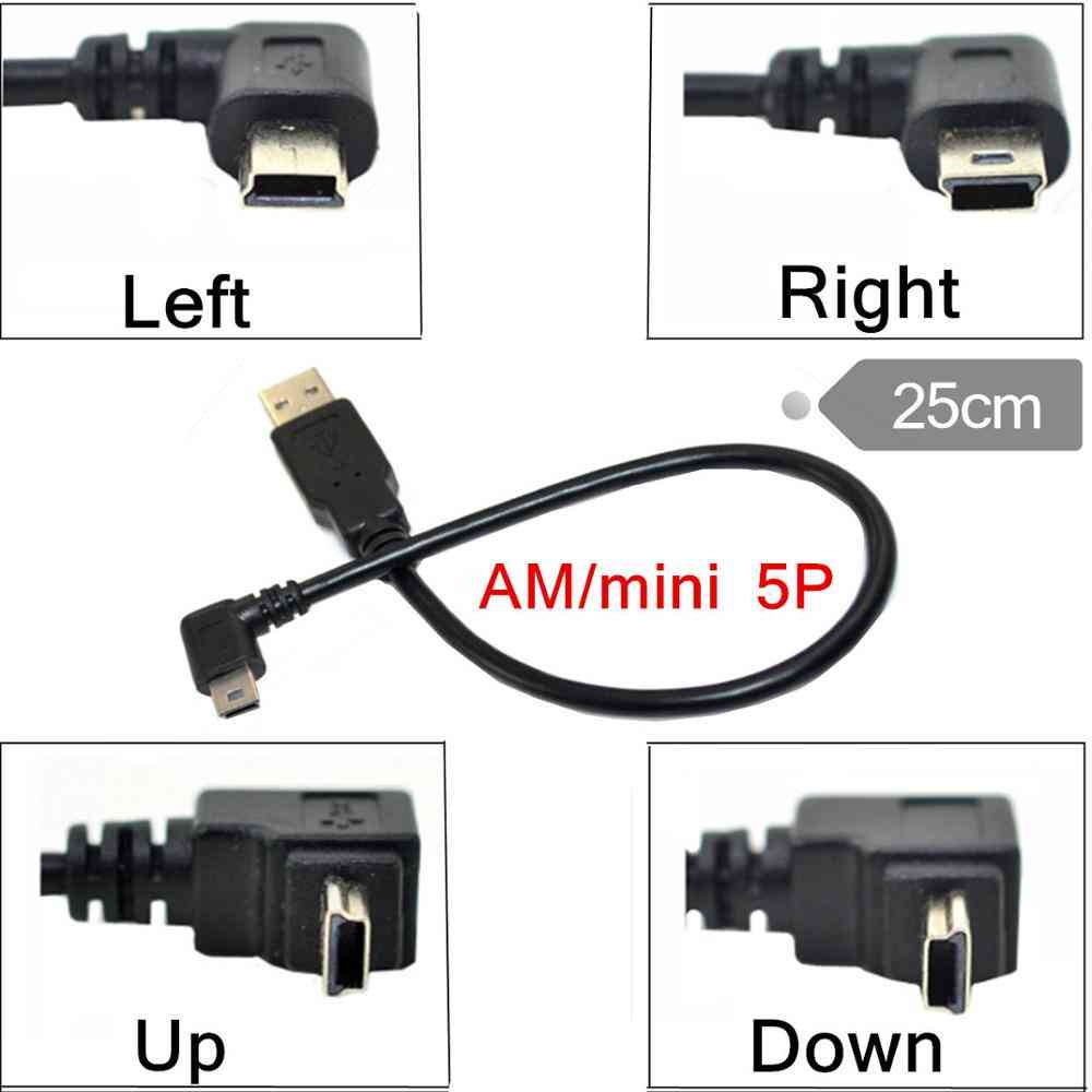 Podatkovni kabel USB moški na mini usb b 5pin moški 90 -stopinjski adapter za sinhronizacijo polnjenja
