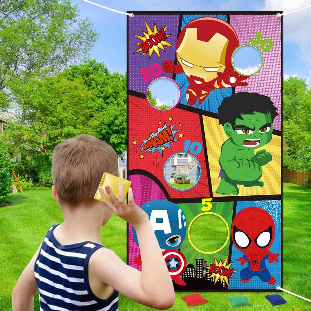 Superhero Bean Bag Toss, Indoor Outdoor Throwing Game For Kids And Family, Party Banner, Hanging Hero Theme Decoration