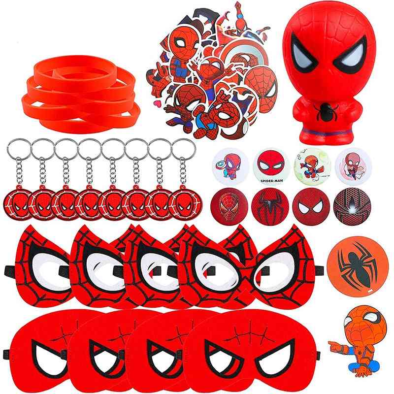 Spider Superhero Theme Party Mask Squeeze Toy, Sticker Rubber Bracelet, Badge, Keychain For