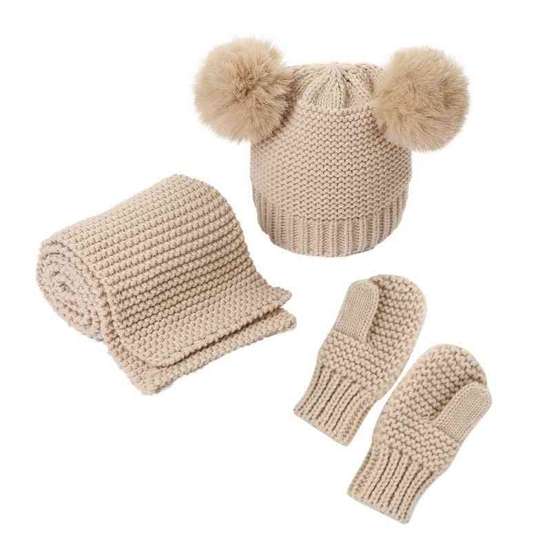 Three-piece Double Pompom, Knitted Beanie, Hats & Scarf, Gloves Sets