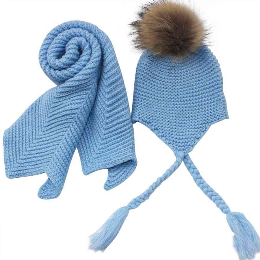 Winter Warm- Crochet Fur Pom-pom, Beanie Knitted, Scarf & Hat Set