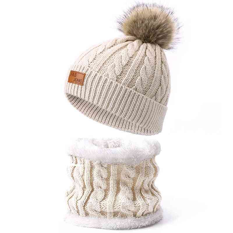 Winter Warm- Fake Ball Pompon, Knitted Skullies, Hat & Scarf Set