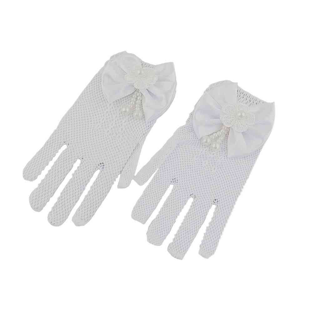 1 Pair White Lace Faux Fishnet Communion Flower Gloves