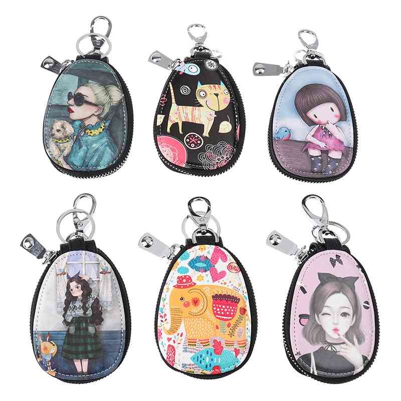 Cartoon Women Key Bag, Girl, Students, Leather Wallets Case For Car, Chains Cover, Lovely Zipper Holder