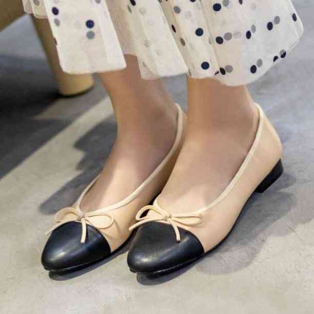 Leather- Splice Bow Round, Ballet Flats Classic Shoes Set-b