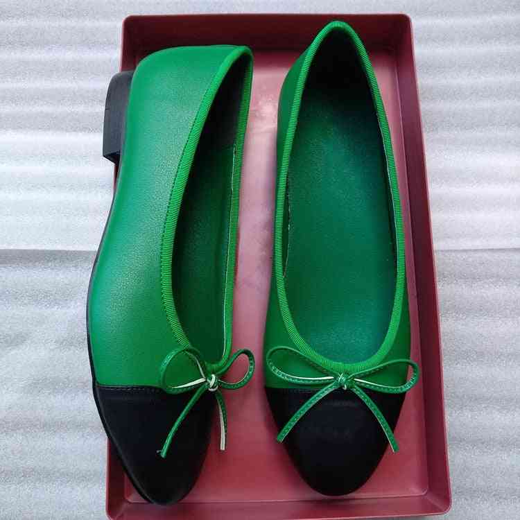 Flats Leather Tweed Cloth Two Color Splice Bow Round Ballet Shoes - Green Black