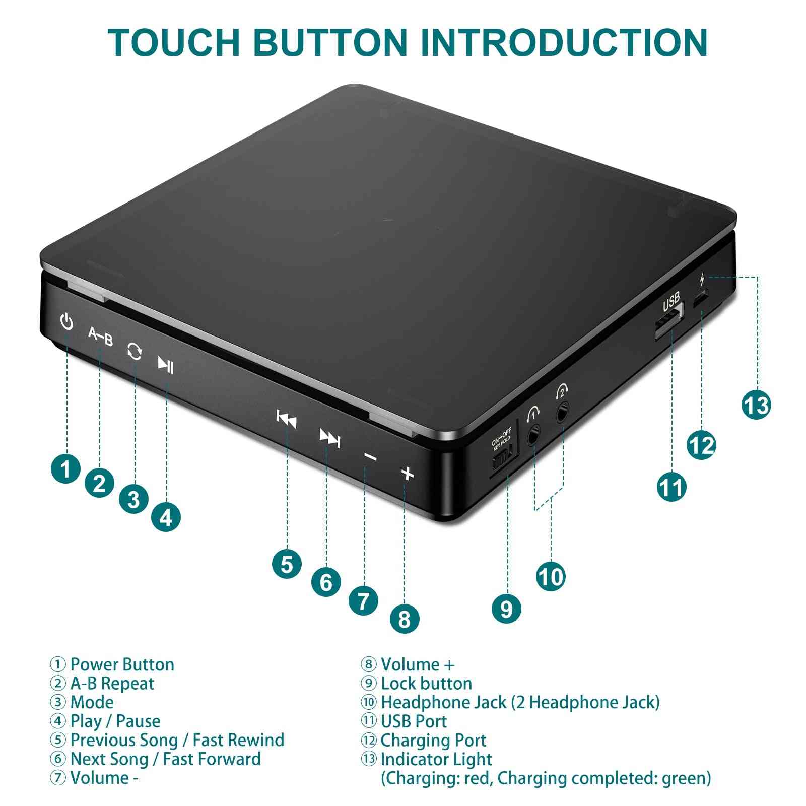 Portable- Cd Player Double-headphone, Touch Button Walkman