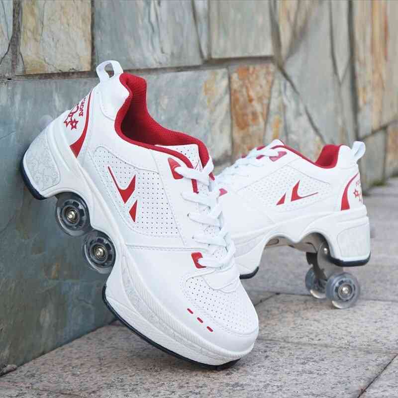 Leather 4 Wheels Double Line Roller Skates Shoes - White And Red