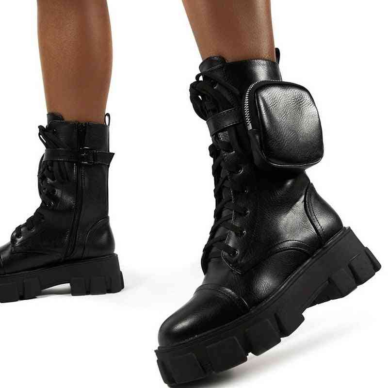 Women Winter Leather Platform Riding Boots - Black A