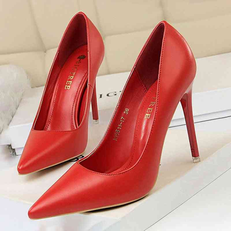 Woman Leather High Heels Pointed Party Shoes - Red