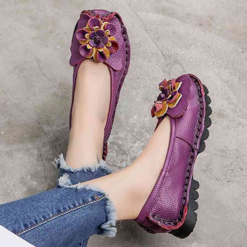 Soft Genuine Leather With Flowers Flat Women Shoes
