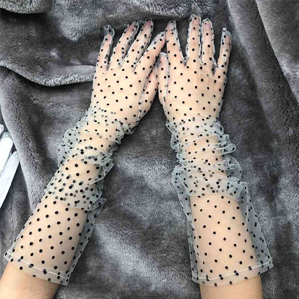 Women Short Tulle Gloves, Stretchy Lace Spots Full Finger Mittens
