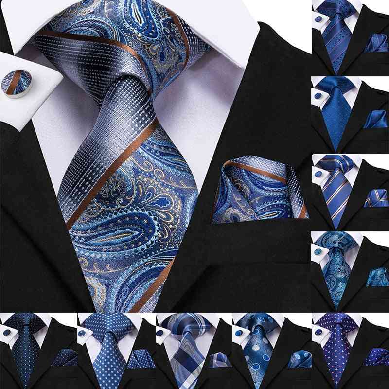 8.5cm Silk Men's Fashion Blue Paisley Tie Necktie Handkerchief Cufflinks Set
