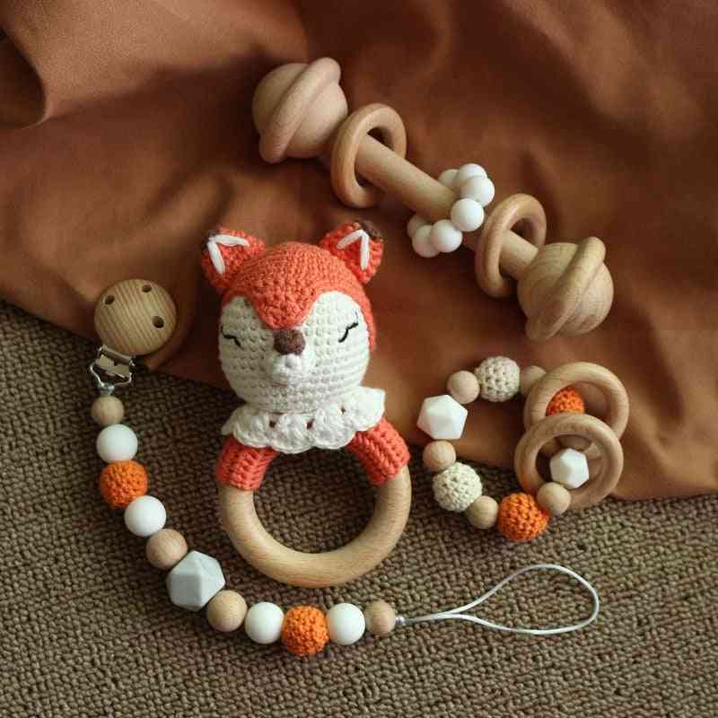 Baby Rattle Crochet Elk Fox Bear Teether With Bells, Educational Toy