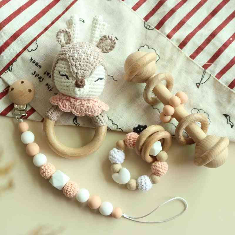 Baby Rattle Crochet Elk Fox Bear Teether With Bells, Educational Toy