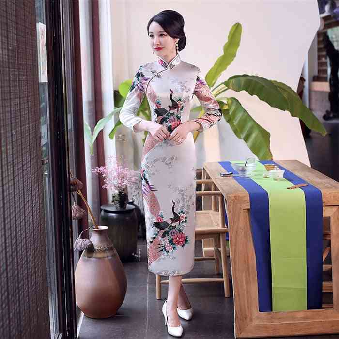 Summer- Print Flower Satin, Daily Casual, Cheongsam Dress Set-b