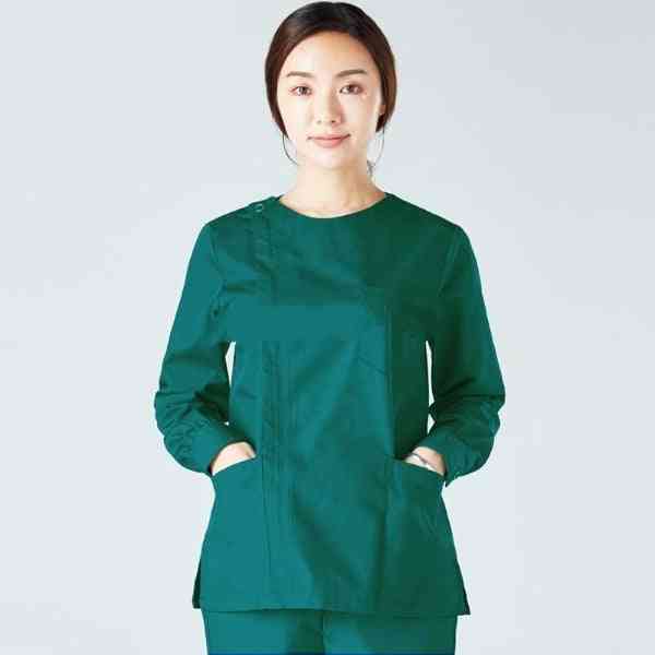 Women Scrub Top Long Sleeve Workwear Cotton Zipper Coat Big Pockets Nursing Uniform