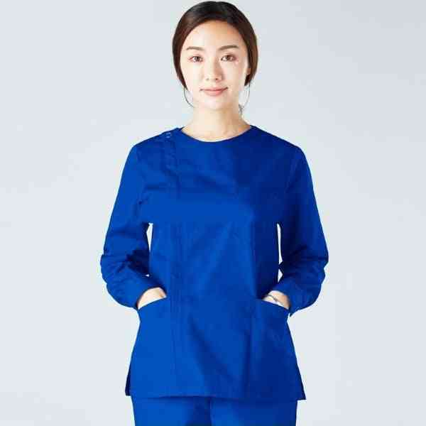 Women Scrub Top Long Sleeve Workwear Cotton Zipper Coat Big Pockets Nursing Uniform