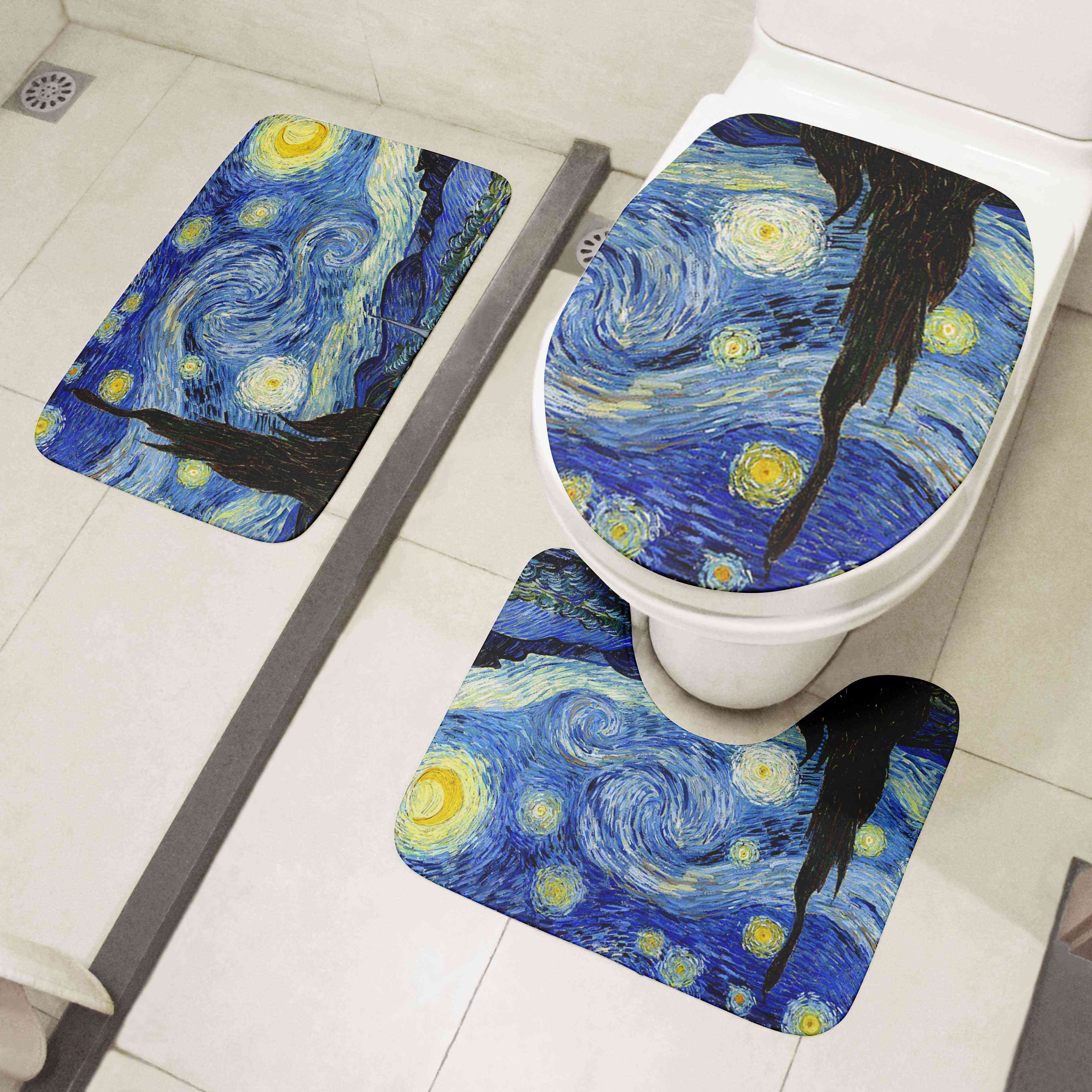 Toilet Mat Set, 3d Van Gogh Oil Painting Sunflower Starry Night Floor Rugs