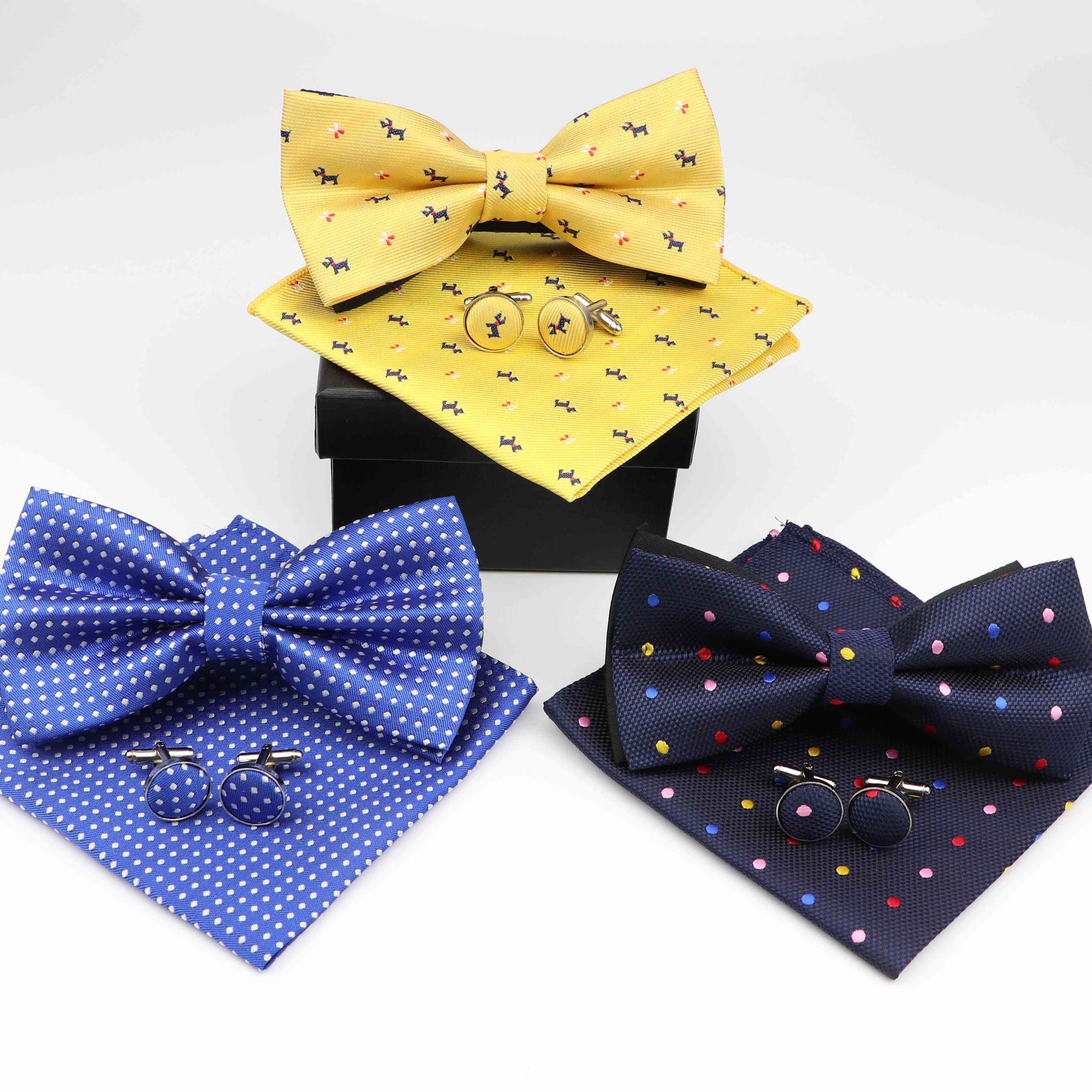 Mens Formal Dot Dog Striped Polyester Bowtie Pocket Square Cufflinks Sets Bow Tie
