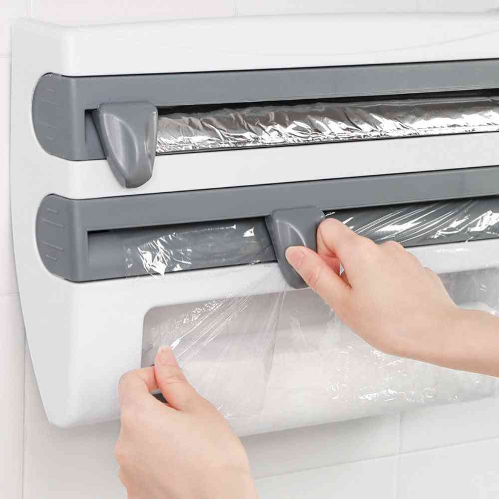 Wall-mount, 4 In 1 Cling Film Cutting, Paper Towel Holder/ Sauce Bottle Rack
