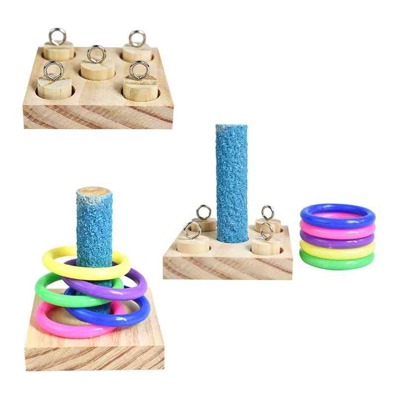 Birds Parrot Wooden Platform Plastic Rings Intelligence Training Chew Puzzle Toy