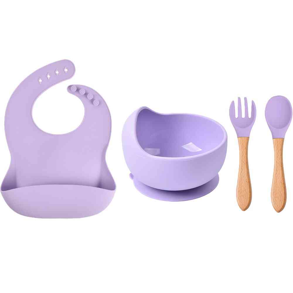 Baby Silicone Suction Bowl, Bibs Wooden Handle Spoon Fork