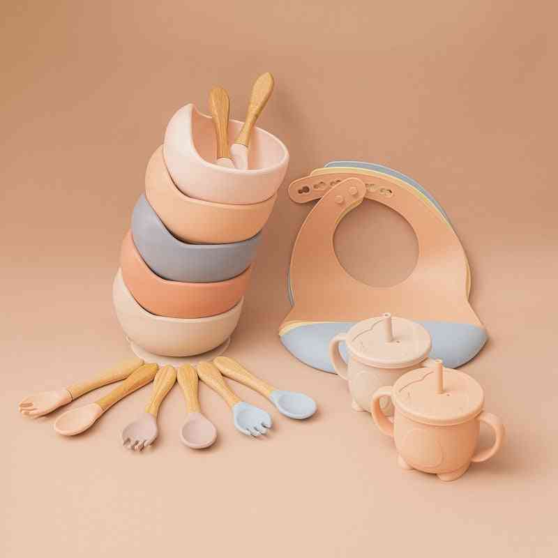 Silicone Non-slip Tableware Dinner Plate With Bibs Cup Spoon Fork