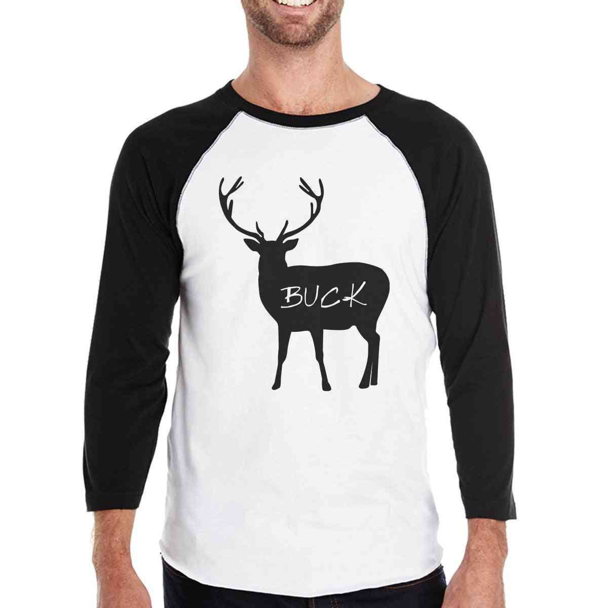 Buck Doe And Fawn- Men's Black And White Baseball T-shirt