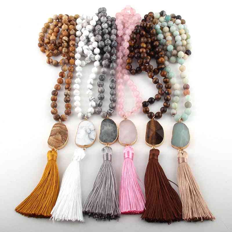 Fashion Jewelry Natural Stones Long Knotted Moon Stone Tassel Necklaces