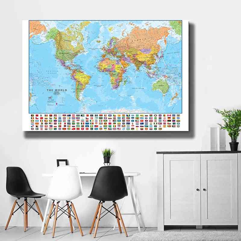 The World Political Map With National Flags, Foldable Canvas, Wall Painting