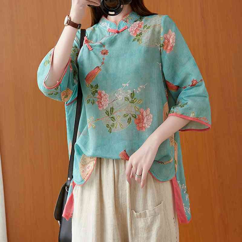 Cotton Linen Tang Suit, Women's Autumn New Style Print T-shirt