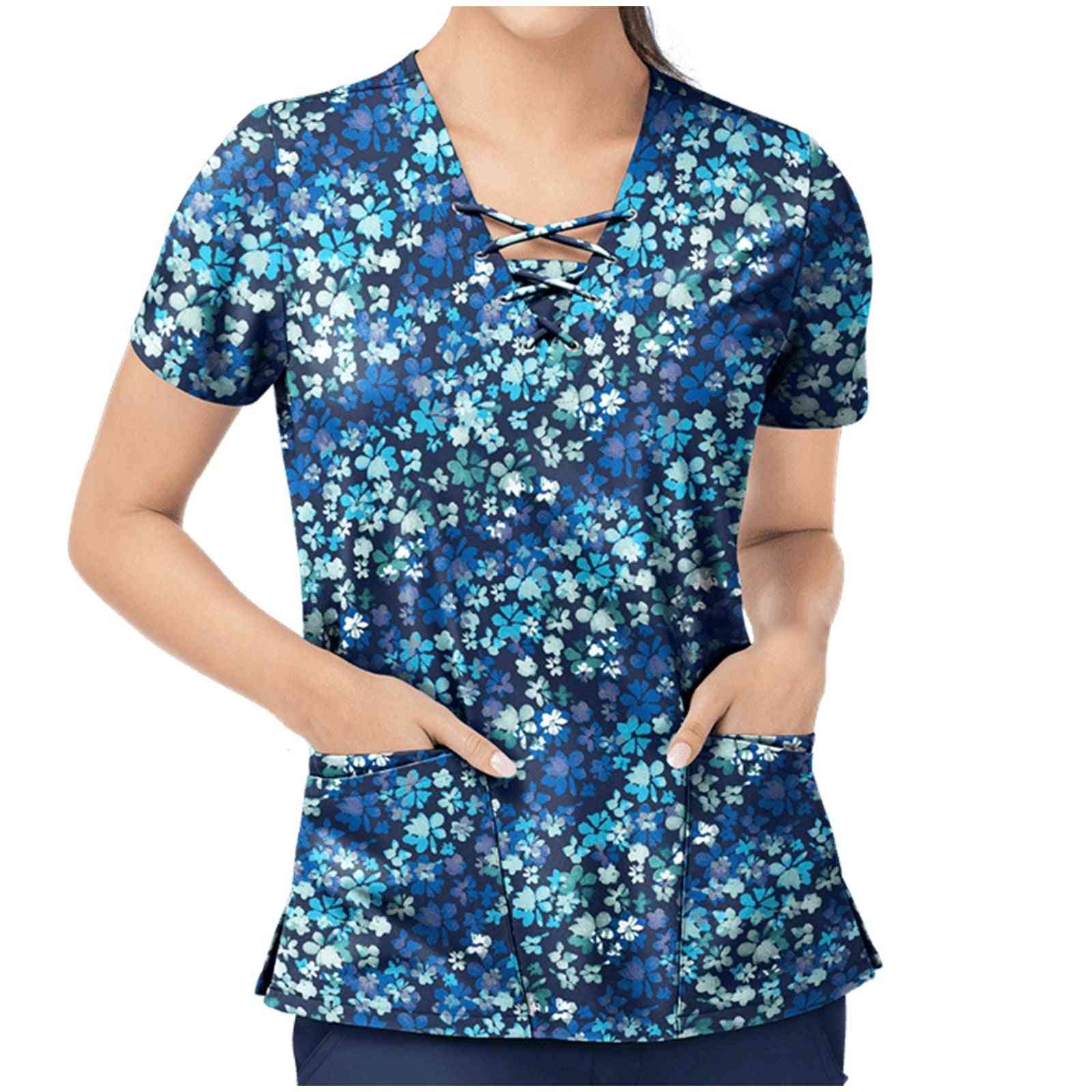 Women Short Sleeve Flower Print Scrub Tops Nursing Working Uniform T-shirts