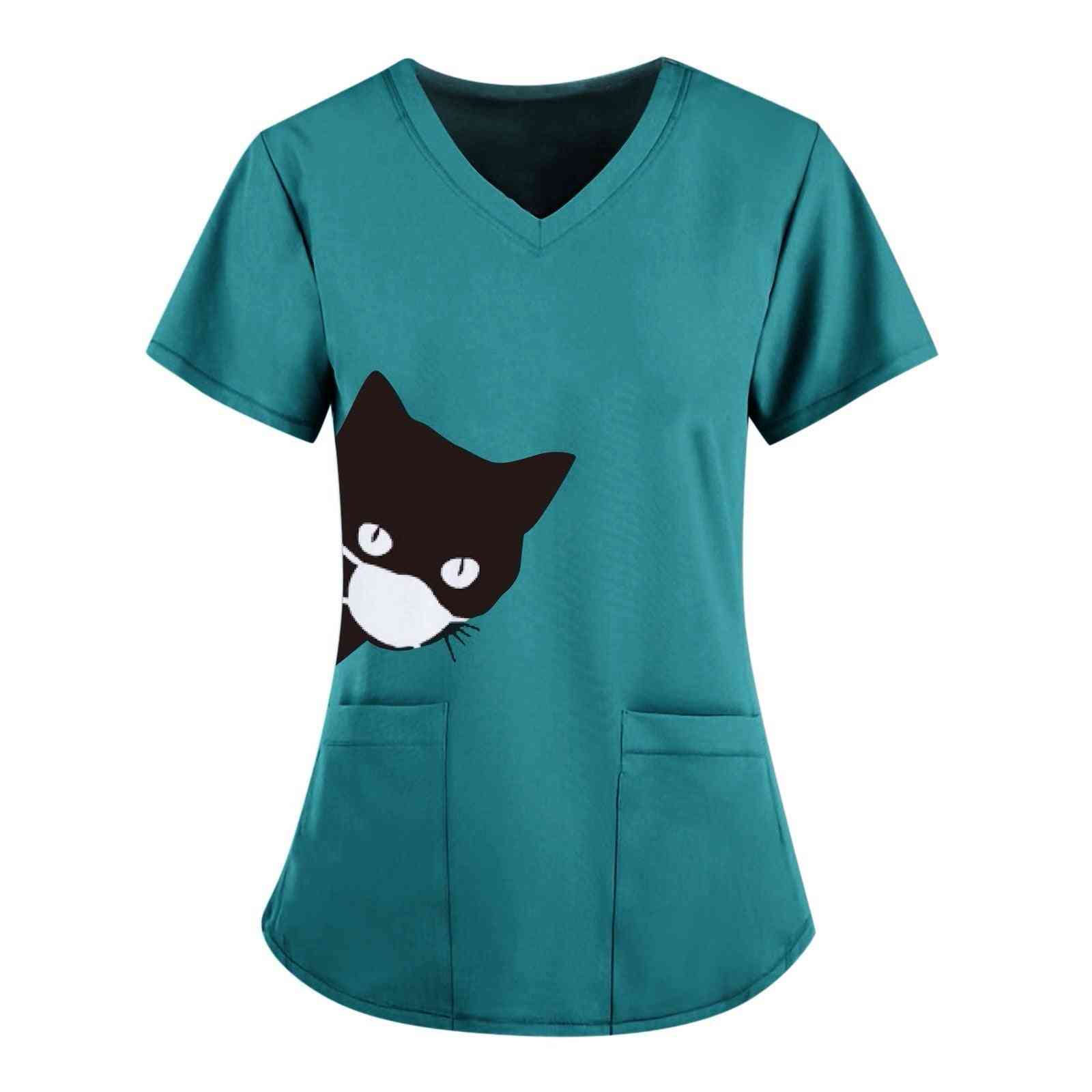 Cat Print, Unisex Pocket Blouse Nurse Uniform