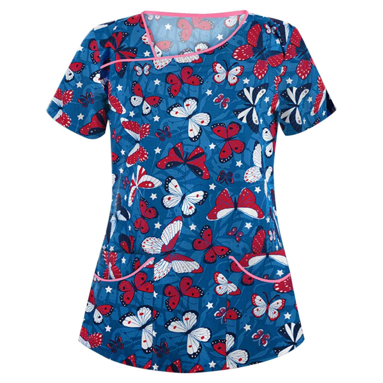 Animal- Butterfly Print, Short-sleeve Irregular Collar, Top Blouse Shirt